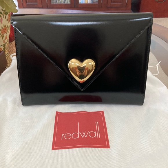 Moschino Handbags - Pre-Loved Authentic Moschino Redwall Black Gold Heart Leather Envelope Clutch